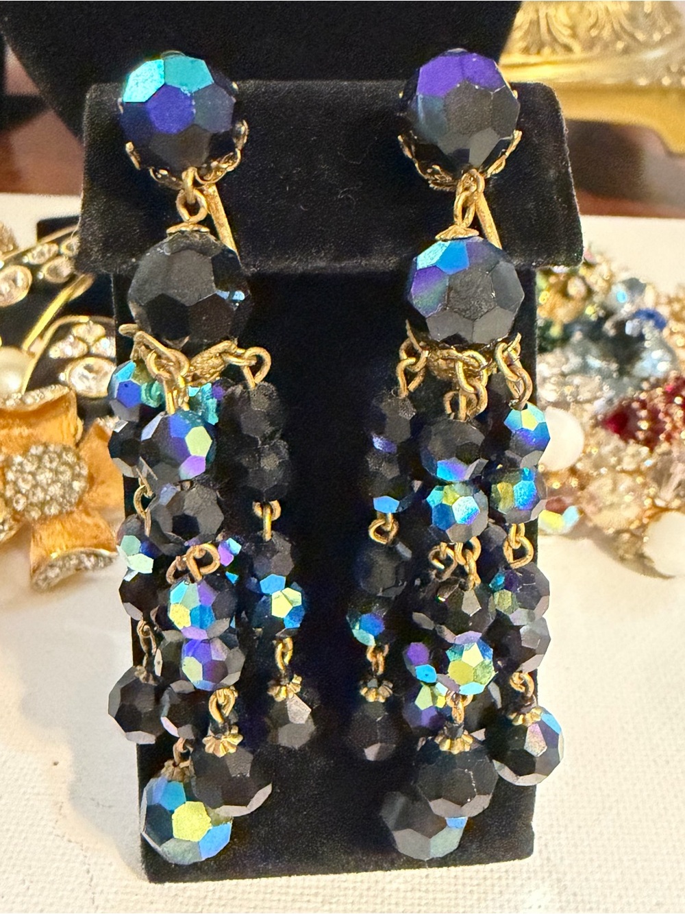 Vintage Mid-Century Black Aurora Borealis Glass Chandelier Clip On Earrings